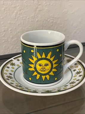 Vintage Celestial Sun and Moon Espresso Cup and Saucer - Yellow & Green